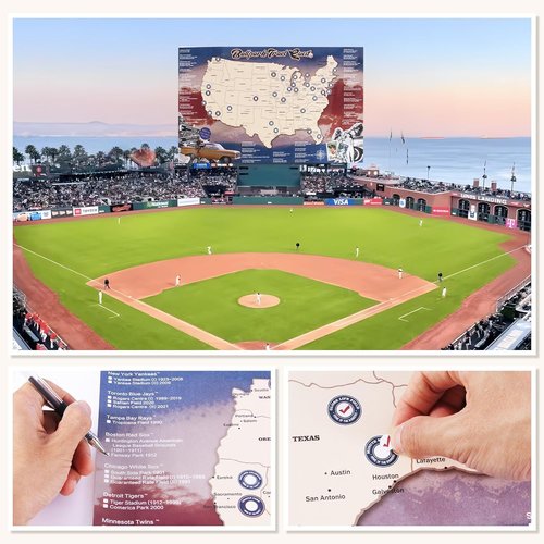 Baseball Stadium Map | Includes Stickers & Two-Sided Nylon Buckles | 17" x 28" (Purple-Blue)