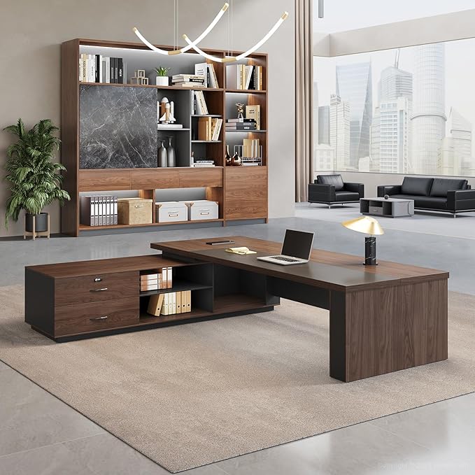 L-Shaped Executive Desk with LED Lights, Lockable Storage & 3-in-1 Charging Station, Reversible Cabinet, Modern Wood Office Desk for CEO, Manager & Home Office(Red Walnut+Black, 87"L*71"W*30"H)