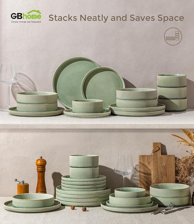 GBHOME 12-Piece Stoneware Dinnerware Set for 4 – Ribbed Ceramic Plates and Bowls, Scratch-Resistant, Microwave & Dishwasher Safe, Reactive Glaze, Light Green
