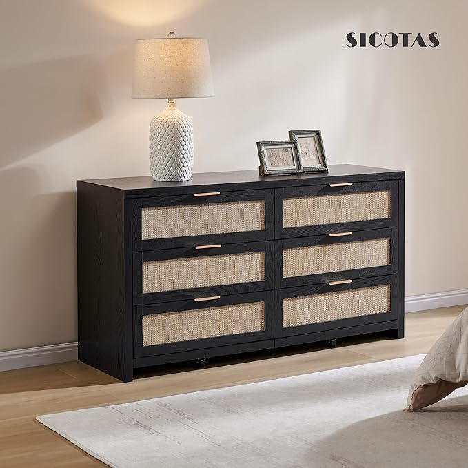 SICOTAS Rattan Dresser for Bedroom, 57" Wide 6 Drawer Dresser with Ample Storage, Wooden Dressers Large Chest of Drawers, Closet, Boho TV Stand for Bedroom (Black Oak, 1 Piece)