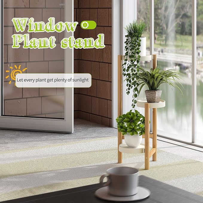 BMOSU Plant Stand For Indoor Outdoor Bamboo 3 Potted Holder Shelf Plant Rack Plants Corner Plant Shelf Plant Display Rack(White)