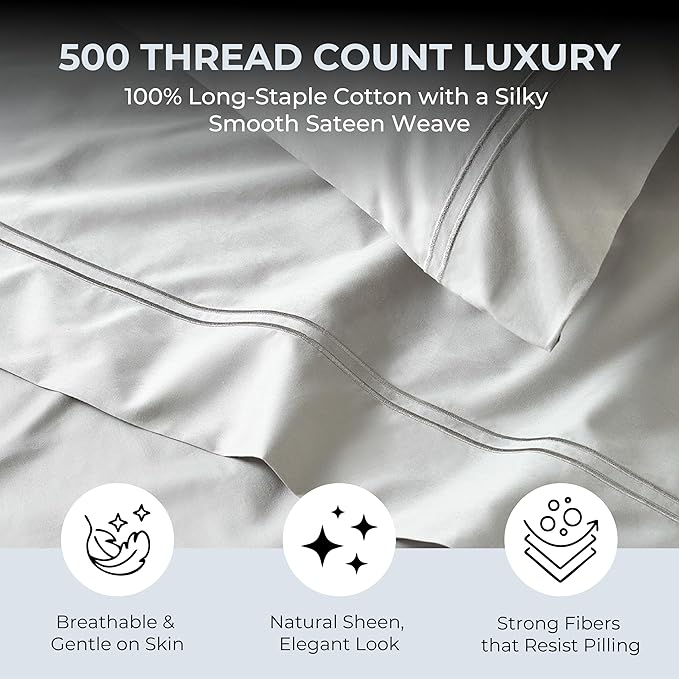 100% Natural Cotton Bed Sheets | 500 TC Single-Ply Sateen Weave Twin XL Sheets | Soft, Breathable, Hypoallergenic Solid 3-Piece Bedding with Deep Pocket Fitted, Flat, Pillowcase | Grey