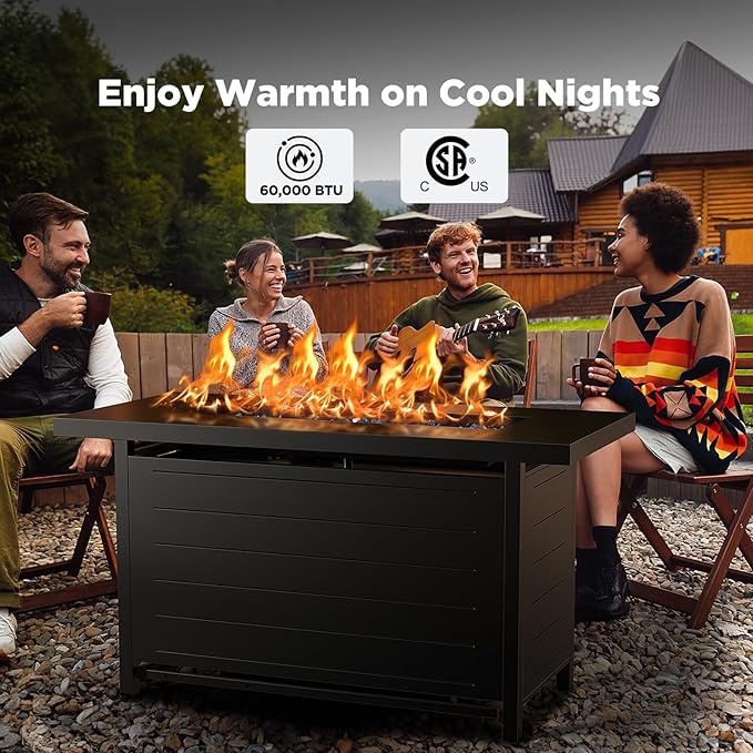 Ciays 43-Inch Propane Fire Pit Table with Glass Beads & Lid, CSA-Certified Gas Fire Pit with Cup Holders, Hanging Shelf & Nylon Cover, Outdoor Fire Pit for Patio & Deck, 60,000 BTU Heat Output
