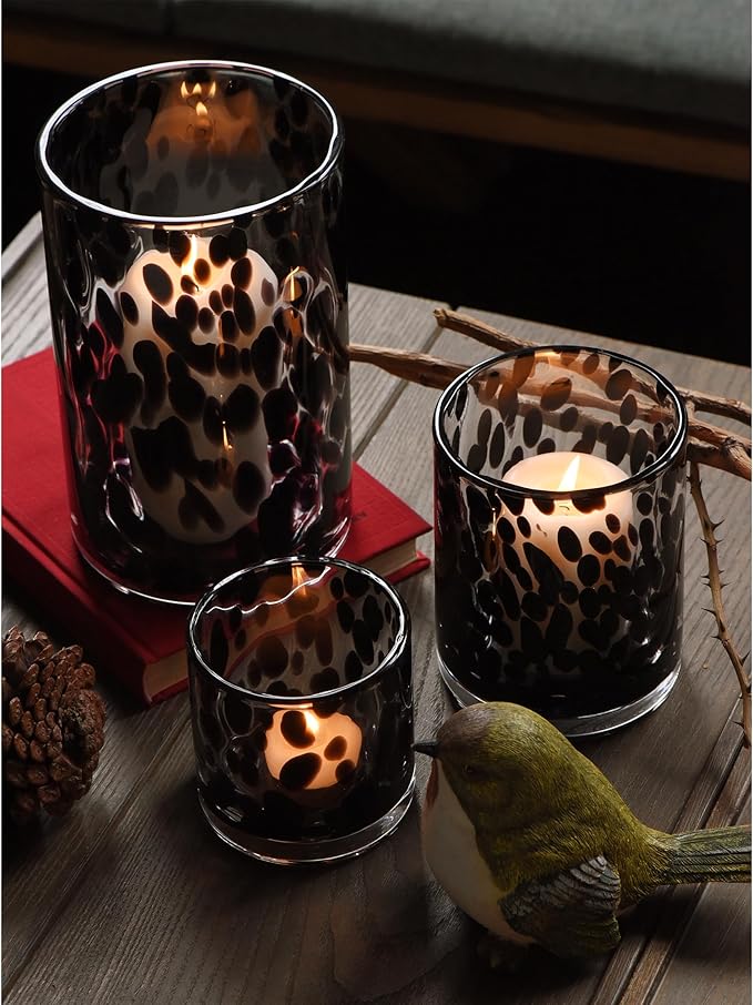 ARIAMOTION Glass Hurricane Candle Holder Set,Table Decoration Centerpieces for Pillar Votive Tealights Clear Cylinder Vase with Black Tortoise Pattern, 8 Inch 5 Inch 3.5 Inch Height, 3 Piece