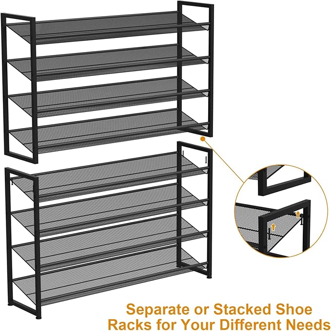 NEYCIL Large Shoe Rack 8 Tier Shoe Organizer, Heavy Duty Metal 4-Tier Stackable Shoe Storage Vertical Shoe Rack for Closet Front Door Entrance, Up to 50 Pairs, 44.8" W x 11.4" D x 56.7" H, Black