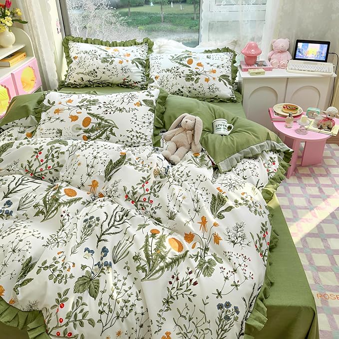 Botanical Floral Duvet Cover with Green Ruffle 100% Cotton Vibrant Flower Duvet Cover Twin XL Girls Princess Romantic Lace Comforter Cover Coquette Flower Bedding Set Floral Comforter Cover Twin XL