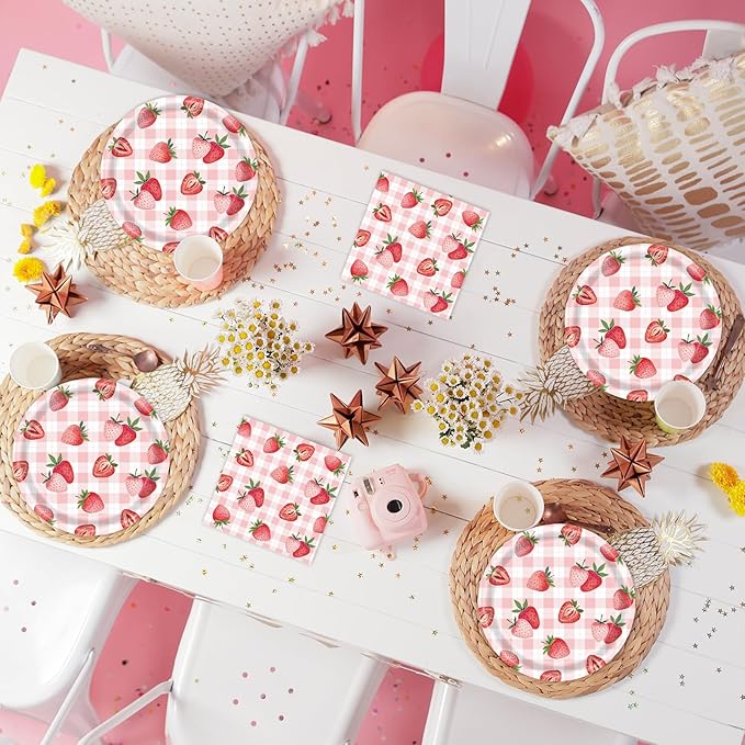 40 Pcs Strawberry Plates and Napkins Party Supplies, Pink Gingham Disposable Paper Plates and Napkins Tableware Set for Strawberry Shortcake Baby Shower Birthday Party Decorations