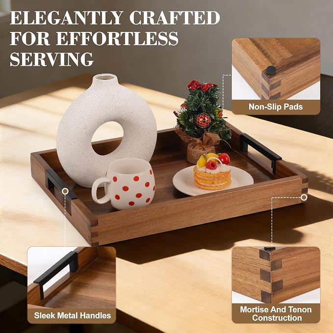 Large Ottoman Tray for Living Room and Coffee Table, Decorative Acacia Wood Serving Tray with Metal Handles for Breakfast in Bed, Dinner Food Kitchen TV (Natural, 20" x 14" x 2")