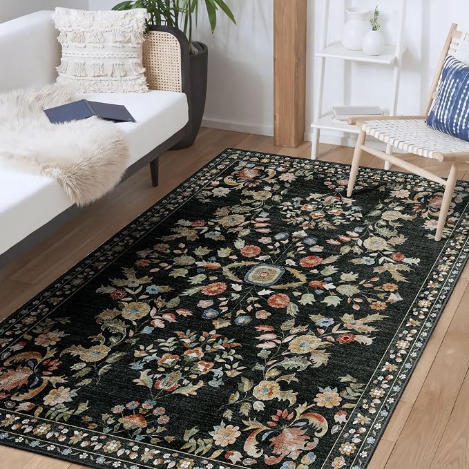 MUJOO 3x5 Rug Washable,Black Floral Area Rugs for Bedroom Bedside Entryway Living Room Kitchen,Floral Boho Small Indoor Floor Rug Non Slip Throw Carpet Low Pile Vintage