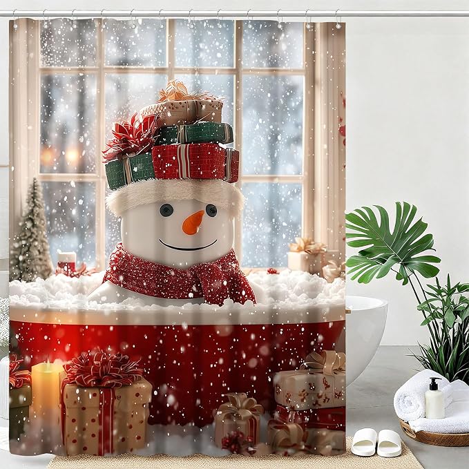 Winter Christmas Shower Curtain Cute Snowman Snowflake Shower Curtains for Bathroom Waterproof Fabric Bath Curtain Decor with Hooks