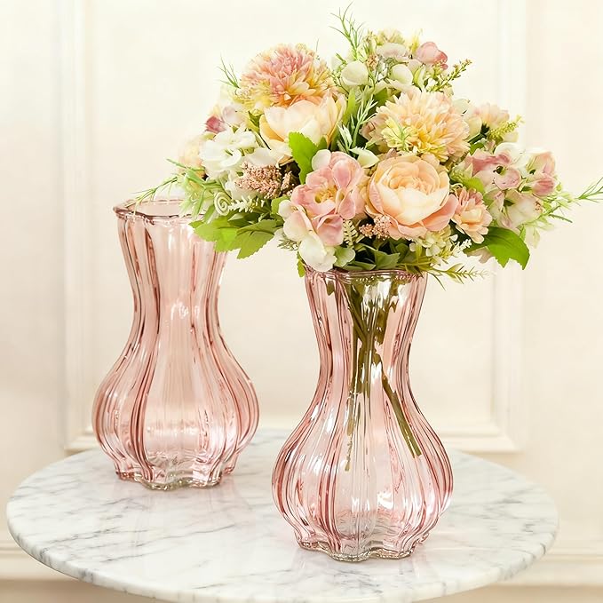 Flower Vase,Glass Vases Set of 2,Blush Clear Pink Vase 8 inch,for Home Decor,Decorations Indoor,Gifts,Wedding,Anniversary,Bridal Shower,Centerpieces
