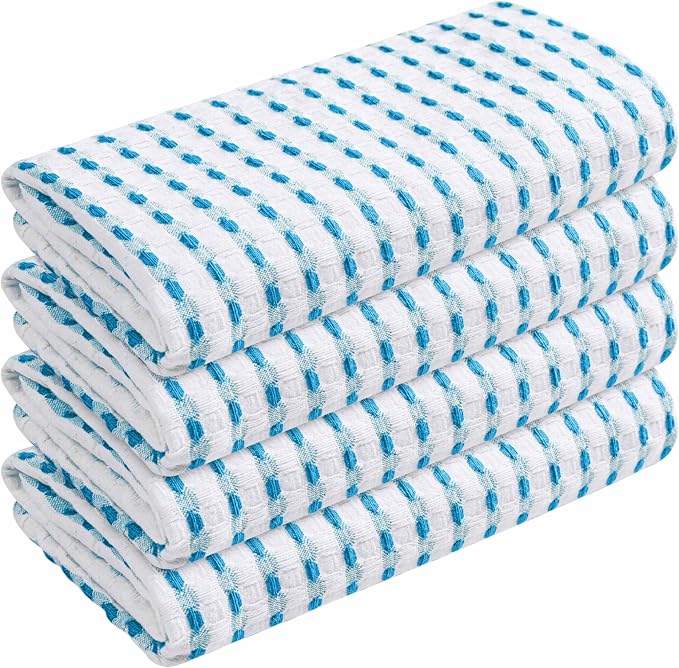 TWINY threads Waffle Weave Dish Towels Pack of 4, Large 16x26 Inches Kitchen Hand Towel Set, Super Absorbent, Fast Dry & Reusable Washcloths for Cooking, Cleaning & Drying, Turquiose Blue, White