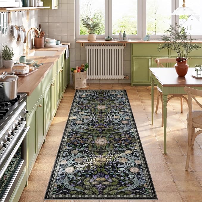 AMTOVO 2x6 Runner Rug for Hallway, Washable Non-Slip Long Kitchen Carpet, Floral Vintage Distressed Floor Mat for Hallways Entryway Living Room Laundry Room Bathroom Farmhouse, Black