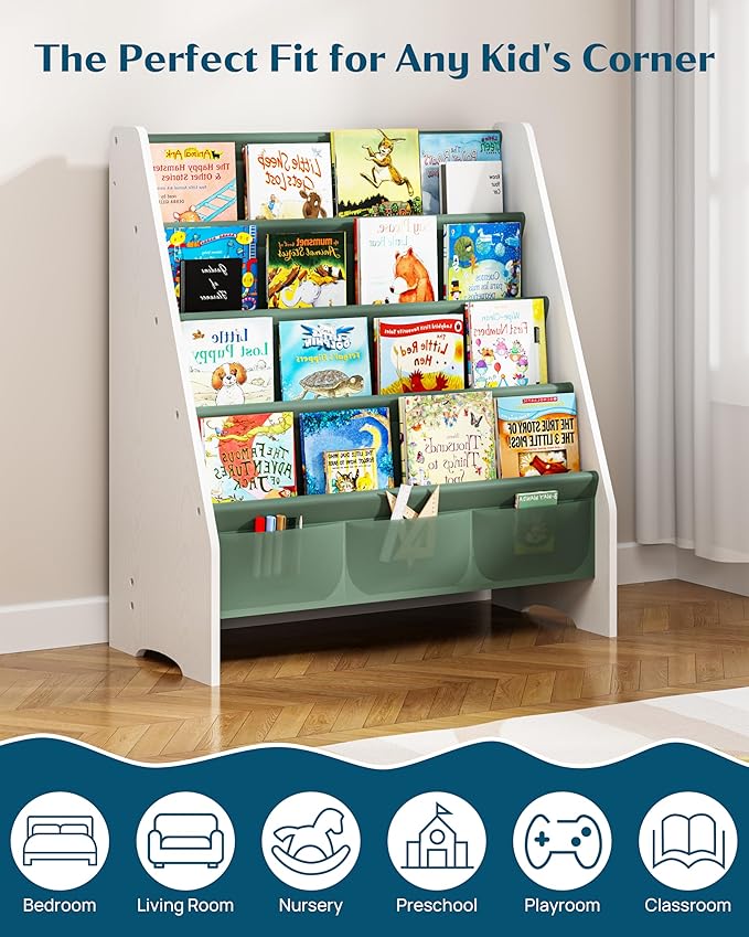 SEIRIONE Sturdy Kids Bookshelf,4-Tier Book Shelf for Kids Room with Tear-Proof Oxford Fabric-Nursery Room Playroom Classroom,Deep Slings to Keep Books Upright,Ideal Height for Toddler Age 3+, Green