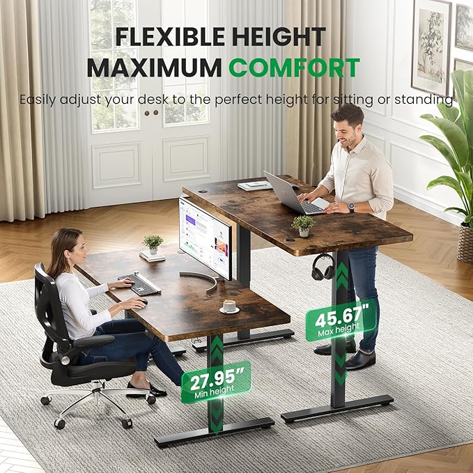 SIAGO Electric Standing Desk Adjustable - 60x28 Inch Sit Stand Desk with 1 Inch Thick Tabletop, Double Beam Frame, 3 Memory Height Adjustment, Cable Management for Home Office
