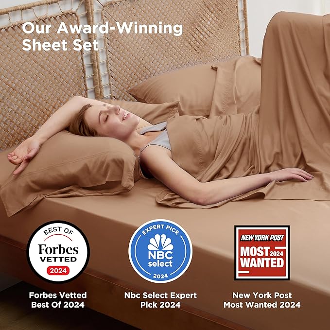 Bedsure Queen Sheet Set, Rayon Derived from Bamboo, Cooling Sheets, Breathable & Soft, Deep Pocket Up to 16 Inches, Hotel Luxury Silky Bedding for Hot Sleepers, Khaki