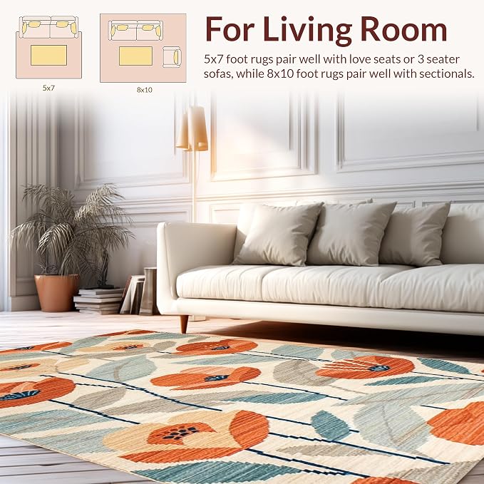 Flatwoven High Traffic Area Rug 4x6, Eclectic Boho with Abstract Floral and, Non Slip, Stain Resistant, Washable Area Rugs for Living Room, Bedroom (Orange, 4x6)
