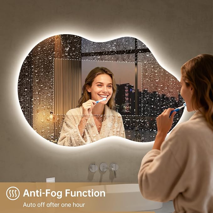 LOVESPEJO Irregular Backlit Mirror Bathroom 40x24 Inch, Asymmetrical Cloud LED Bathroom Mirror with Lights, Fogless, Dimmable, 3 Color Changing, Shatterproof,Horizontal/Vertical