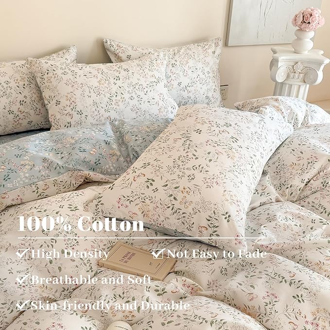 EAVD Garden Vibrant Floral Duvet Cover Full White Soft 100% Cotton Chic Shabby Spring Floral Bedding Set with 2 Pillowcases Reversible Botanical Print Duvet Cover with Zipper Closure
