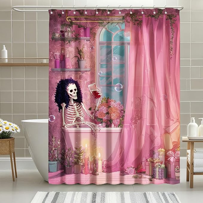 Gothic Skull Shower Curtain Funny Retro Floral Shower Curtains for Bathroom Waterproof Fabric Bath Curtain Decor with Hooks