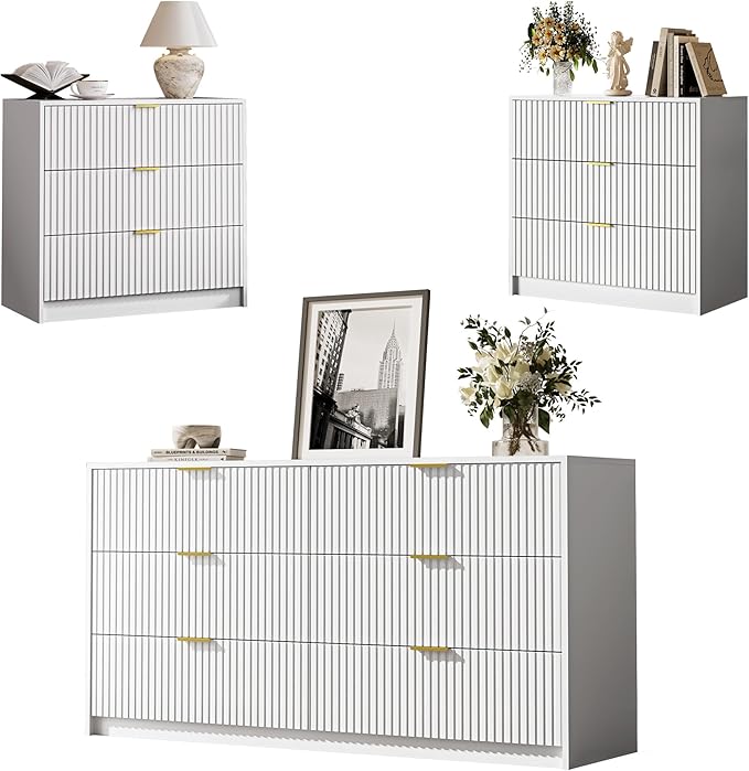 3-Piece Dresser Bedroom Set, 6 Drawer Dresser & 3 Drawer Nightstands with Gold Handles, Fluted Wood Chest of Drawers for Bedroom, Living Room, Entryway, White