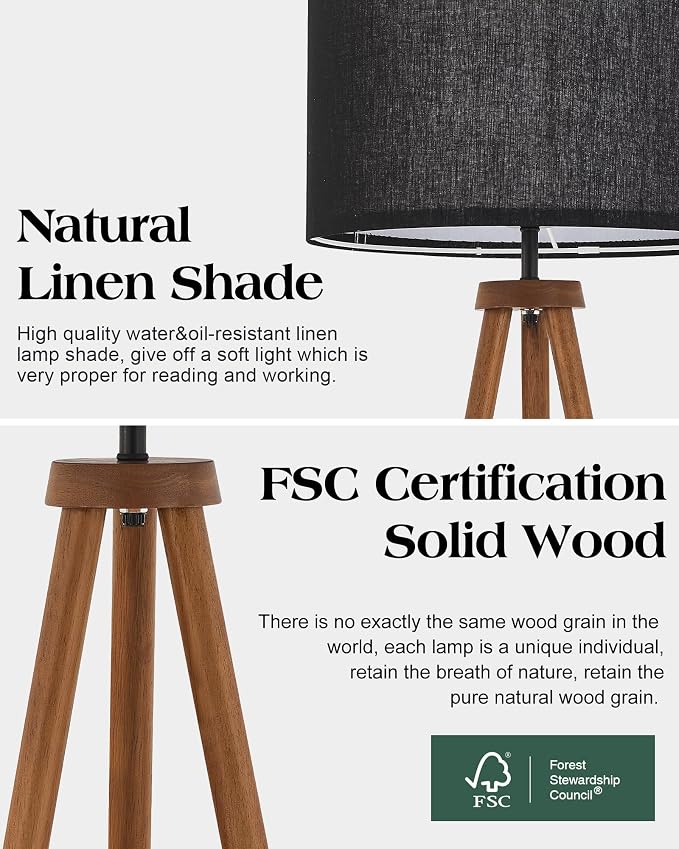ELYONA Wood Tripod Floor Lamp Modern Standing Lamp with Black Drum Shade, Industrial Tall Reading Lamp for Office Living Room Bedroom, ETL Listed Walnut & Black, 3 Color Temperatures LED Bulb Include