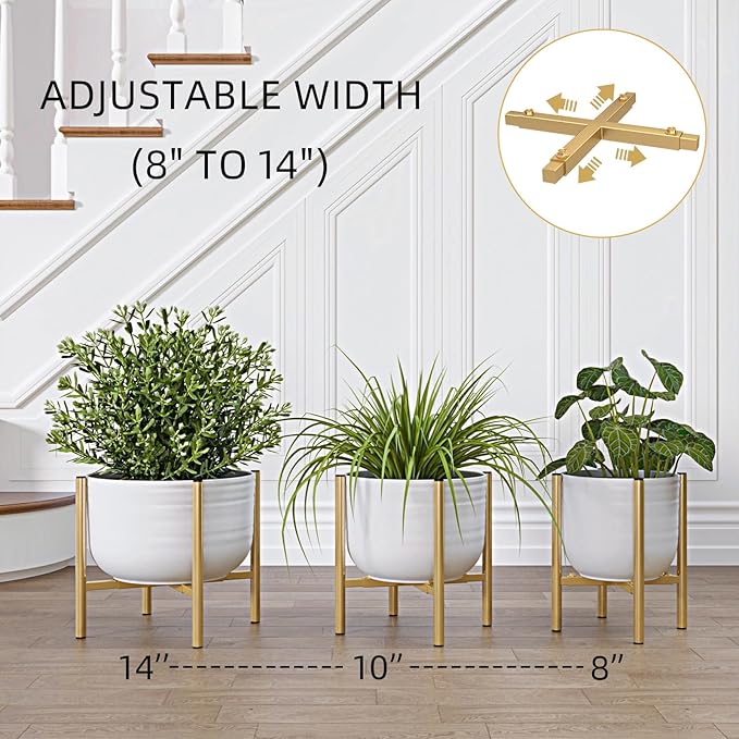 Adjustable Metal Plant Stand Indoor, Fits 8-14 Inch Pots, Mid Century Modern Gold Planter Holder,2 Heights, Heavy Duty 160 lb, Indoor Outdoor Corner Floor Pot Stand, Golden