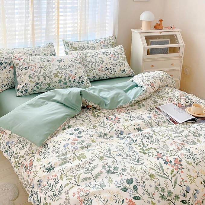 HighBuy King Cotton Duvet Cover Set Aesthetic Floral Bedding Sets Cozy Cotton Cottagecore Flower Duvet Cover Set King Vintage Style Luxury Soft Chic Boho Floral Bedding Collection for Women Girl