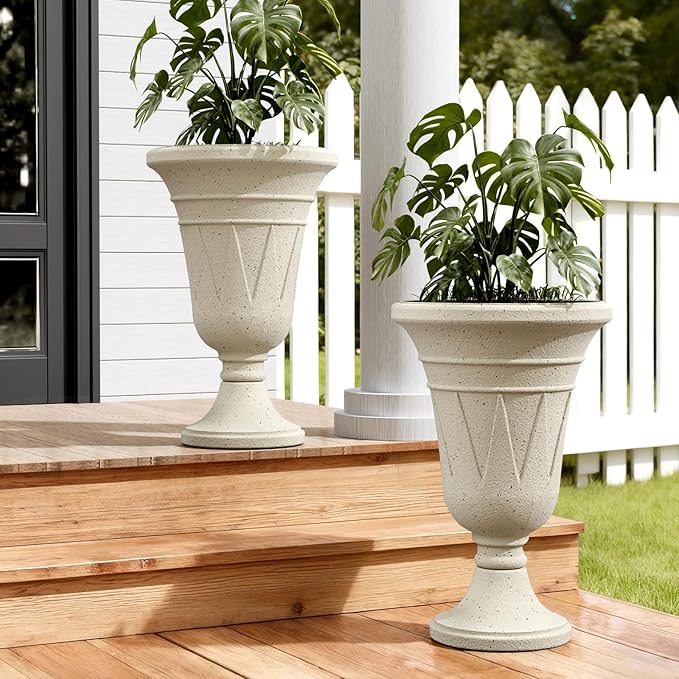 Tall Plastic Urn Planters for Outdoor Plants Set of 2-23.6" H Classic Trophy Design Indoor Large Flower Pots with Drainage Holes, Outdoor Planters for Porch Decor/Garden Vase, Off-White