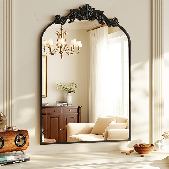 VooBang Vintage Arched Bathroom Mirror, 24x36 Inch Retro Wall Mounted Vanity Mirror with Carved Pattern Top and Metal Frame, Black Decorative Mirror for Hanging or Leaning