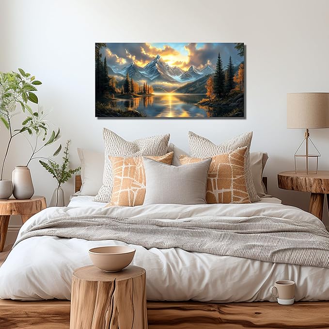 JuhaiArt Lake Picture Art Mountain Landscape Nature Wall Decorations Scenery Canvas Wall Art for Bedroom Office Gold Sunset Poster Artwork 20"x 40"