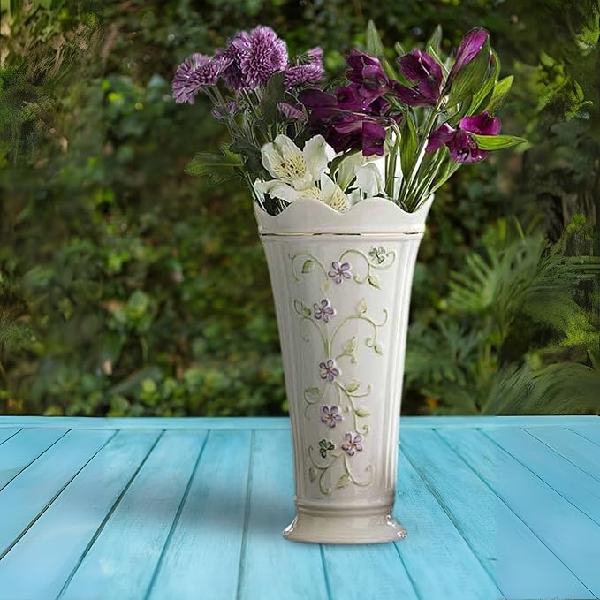 Belleek Irish Flax Vase - White Flower Vase Handcrafted Fine Parian China Irish Decor, 6" W x 9.5" H