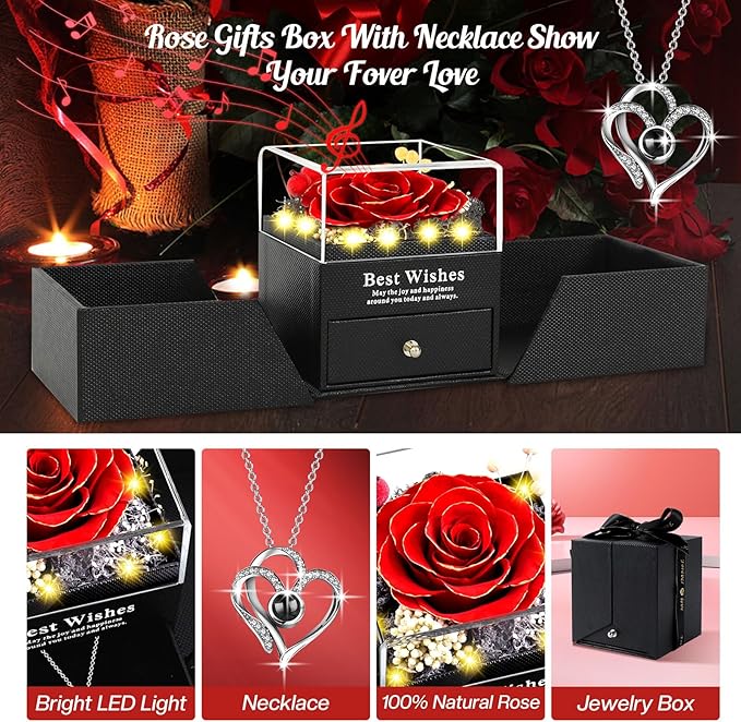 Christmas Birthday Gifts for Women - Preserved Real Rose with I Love You Heart 100-Language Necklace, LED Lights & Music Gift Box, Christmas for Women Girlfriend Mom