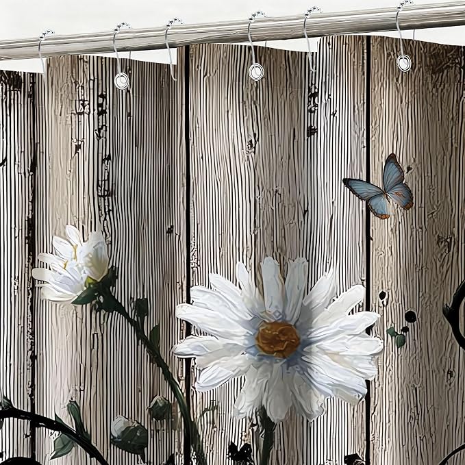Rustic Grey Floral Shower Curtain Butterfly Flowers Shower Curtains for Bathroom Waterproof Fabric Bath Curtain Decor with Hooks