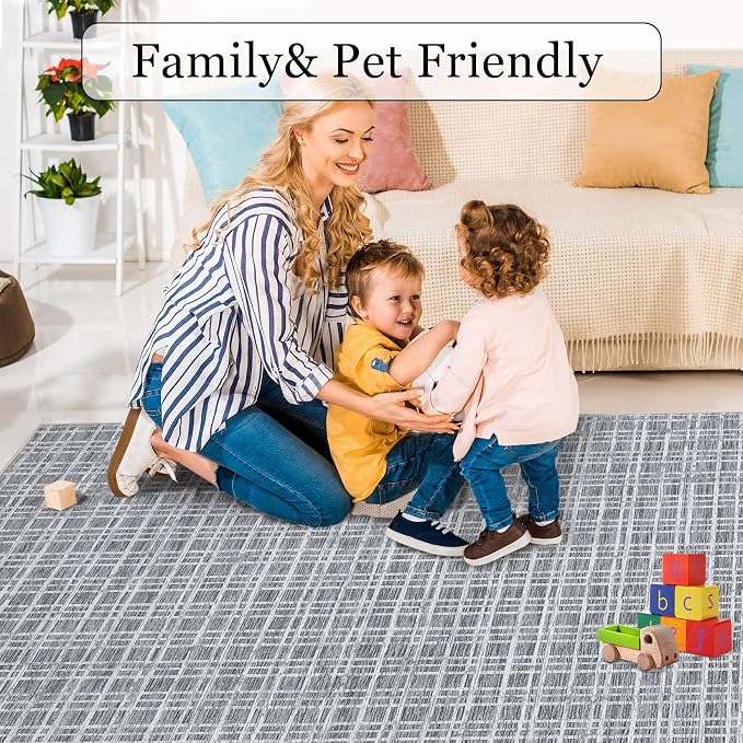 Large Area Rug 10x13 Rug for Living Room Modern Grey Grid Washable Bedroom Rug Farmhouse Non Slip Throw Rugs Soft Low Pile Stain Resistant Carpet for Dining Room Department 10'x13'