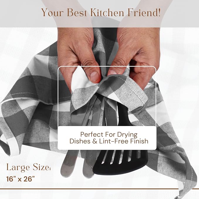 Gray Buffalo Plaid Checked Dish Towels 12 Pack, 100% Cotton, 16x26 Inches, Super Absorbent, Quick Drying, Soft, Lint-Free, Durable Tea & Bar Towels with Hanging Loop, Grey and White
