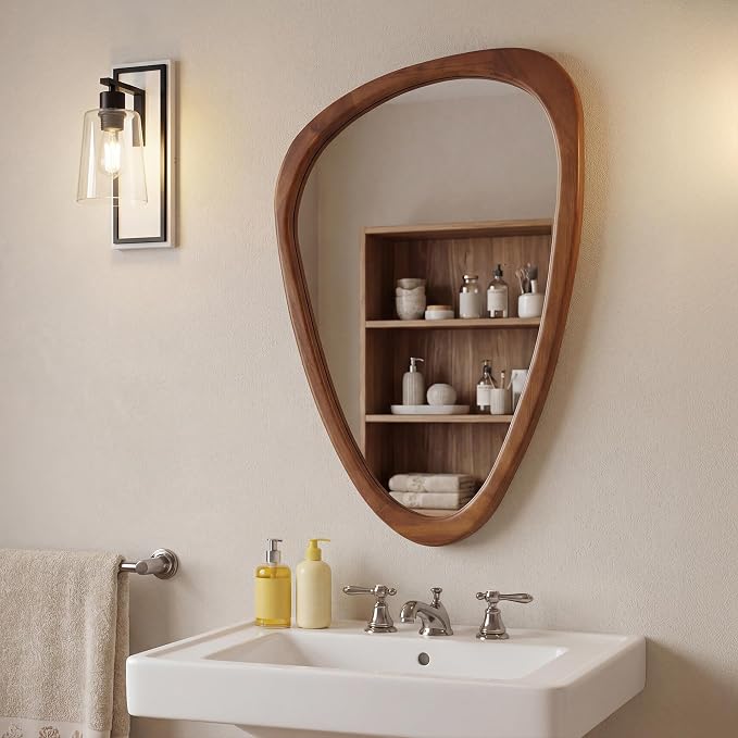 30''x20'‘Asymmetrical Mirror with Wood Frame, Small Irregular Wall Mirror Odd Shaped Mid Century Modern Mirror Decor for Bedroom Living Room Entryway Hall