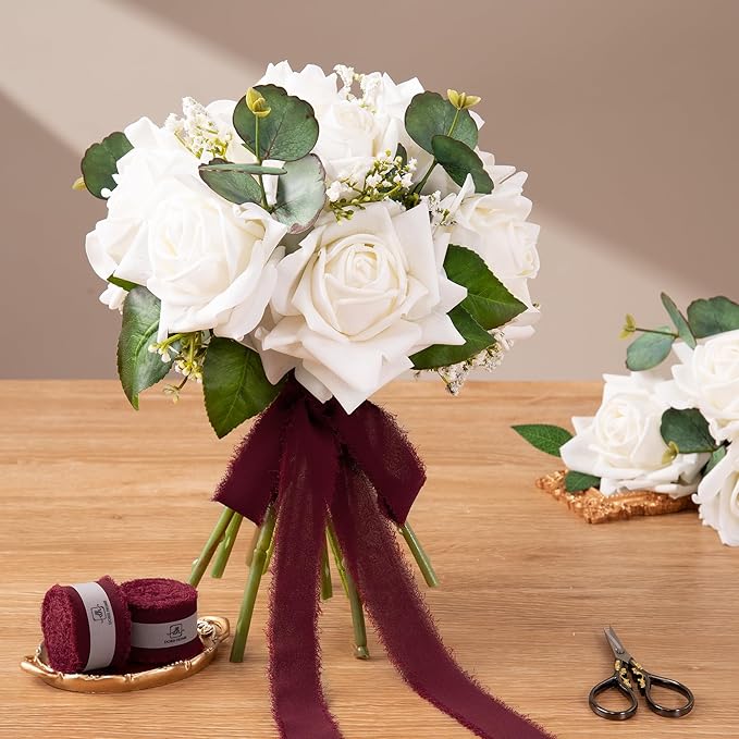 DORIS HOME Burgundy Chiffon Ribbon for Flower Bouquet, 1" x21Yd Fabric Ribbon for Gift Wrapping, Handmade Frayed Ribbon for Wedding Invitations/Christmas Decorations