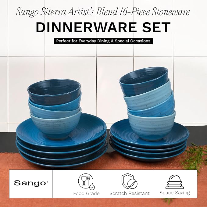 Sango Siterra Artist's Blend 16-Piece Stoneware Dinnerware Set – Service for 4, Ocean Blue Glossy Glaze with Unique Speckled Design, for Everyday Dining & Entertainment, Microwave & Dishwasher Safe
