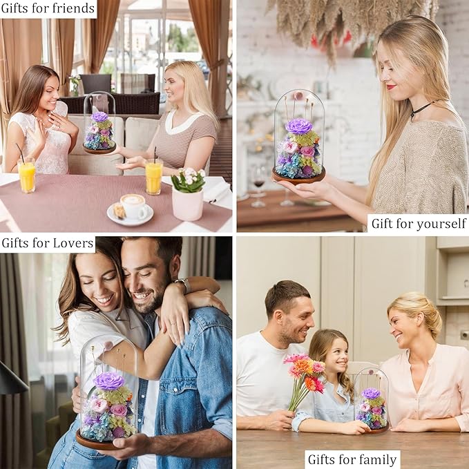 Flowers for Delivery - Forever Flowers Rose in Glass Dome with LED Lights, Large Size Preserved Roses Gifts for Women, Mom, Wife, Friend -Birthday, Anniversary, Valentine's Day Gift (Purple+Pink)