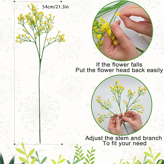 JIFTOK Babys Breath Artificial Flowers, 24 Pc Fake Flowers Gypsophila Bouquet Fall Flowers Artificial for Decoration, Real Touch Silk Flower for Wedding Christmas DIY Party Home Garden Office (Yellow)