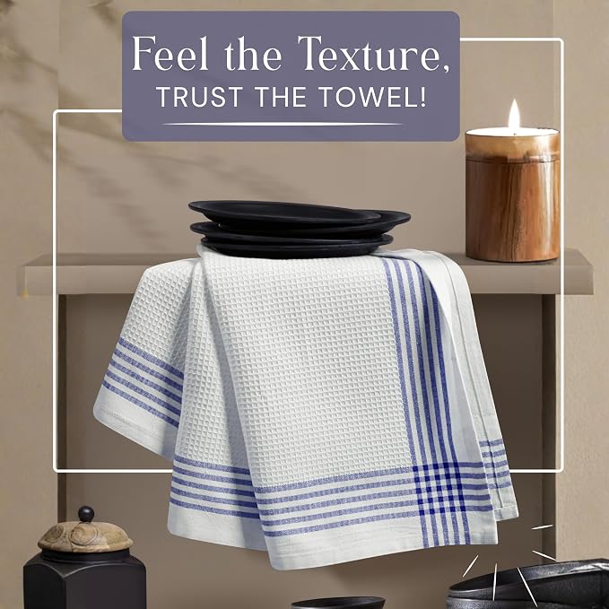 Waffle White & Indigo Blue Kitchen Towels 4 Pack, 100% Cotton, 16x26 inches, Premium Dish Towel, Long Lasting Bar Mop Cloths, Perfect for Drying Dishes, Cooking and Cleanup