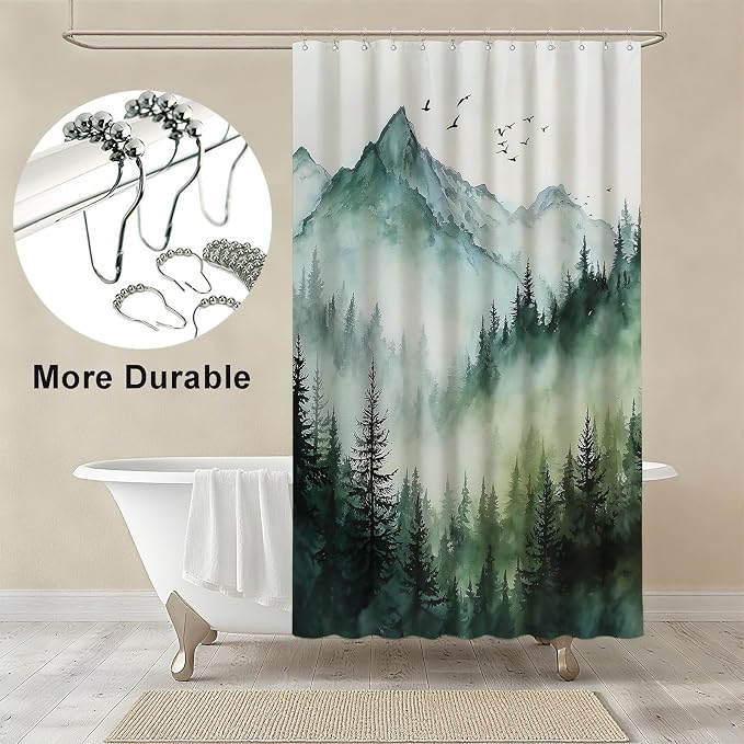 Rustic Green Mountain Shower Curtain Natural Tree Scenery Shower Curtains for Bathroom Waterproof Fabric Bath Curtain Decor with Hooks