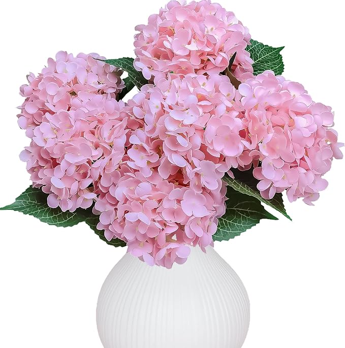 6PCS Premium Pink Hydrangea Artificial Flowers Bouquets, Light Pink Silk Hydrangea Flowers Heads with Stems, Fake Hydrangeas Flowers Arrangement, Faux Hydrangea Decor for Home Wedding Party
