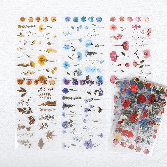 NESSCCI Pressed Flower Themed Stickers (Assorted 480 Pieces,24 Sheets) Scrapbook Supplies,Stickers for Journaling, Dried Floral Resin,Scrapbook Sticker,Junk Journal Sticker