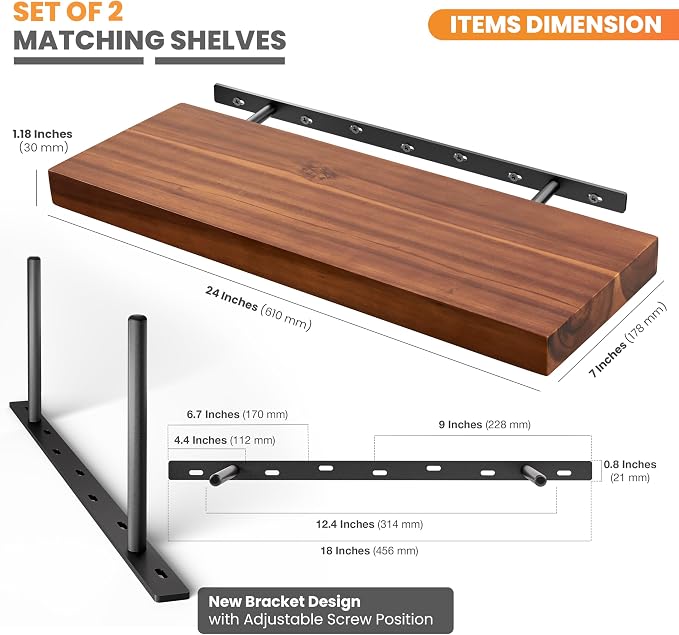 BATODA Set of 2 24" Acacia Wood Floating Shelves Wall Mounted – Rustic Farmhouse Wooden Wall Storage Shelf for Bedroom, Kitchen, Home Décor - Brackets and Shelving Hardware Included