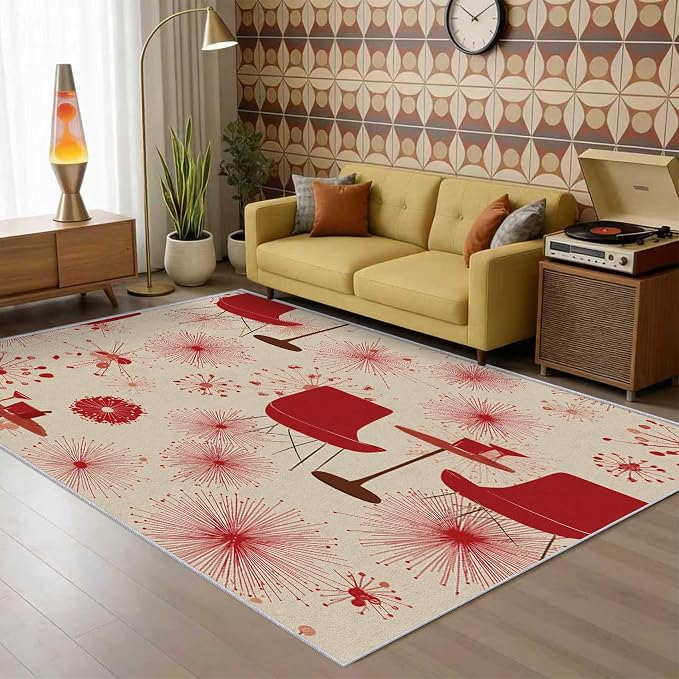 50s Retro Rug Large 8x10 60s 70s Mid Century Modern Pattern Area Rugs for Living Room, Bedroom, 50s Retro Home Decor Accessories Indoor Carpet, Non Slip & Machine Washable
