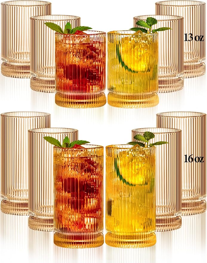 Ribbed Glassware Vintage Drinking Glasses 12Pcs Set （6 Highball Glasses 16Oz And 6 Rocks Glasses 13Oz） Amber Ribbed Glass Cups For Iced Coffee, Cocktails, Juice, Beer, Everyday Drinking