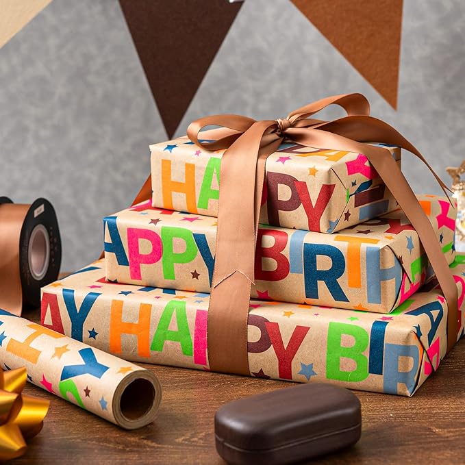 MAYPLUSS Happy Birthday Wrapping Paper Roll, Colorful Kraft Birthday Gift Wrap for Boys Girls Men Women 17 IN x 16.5 FT