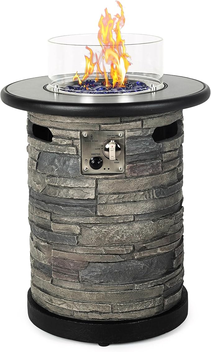 BAIDE HOME Outdoor Propane Fire Pit Table, Round Porcelain Tile Top 22" Fire Bowl Column W/ 40,000 BTU Firepit Table Auto-Ignition 400D Cover Glass Rocks for Outside Patio
